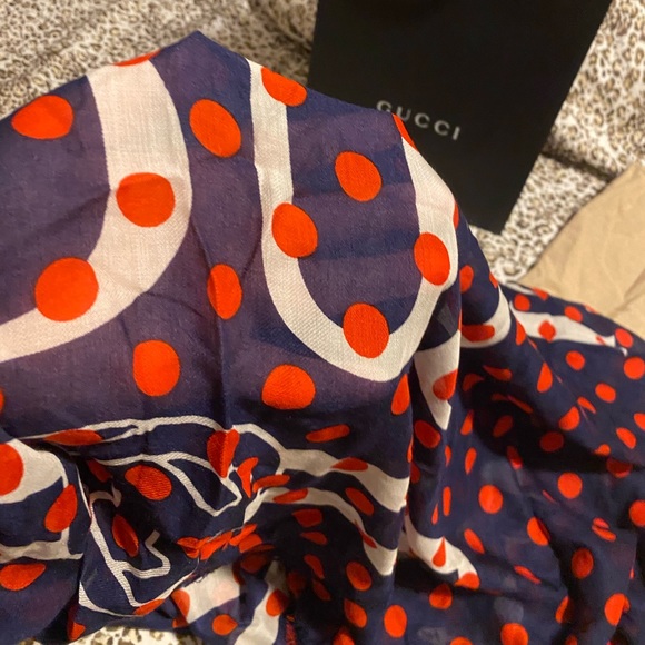 NWT GUCCI Modal Silk Polka Dot Print Scarf Blue White Red - Picture 2 of 5